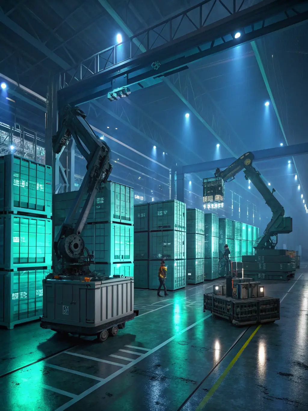 A futuristic image of AI-powered robots optimizing warehouse operations, highlighting the use of artificial intelligence for enhanced efficiency.
