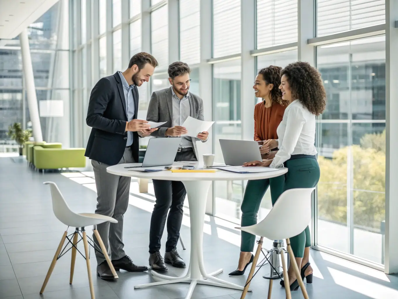 An image showing a diverse team collaborating around a holographic display showcasing project management data, highlighting the use of AI in optimizing project workflows and decision-making.