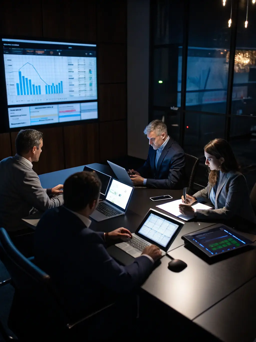 A business strategy meeting is in progress, with participants discussing AI integration and its potential impact on various business functions and strategic goals.