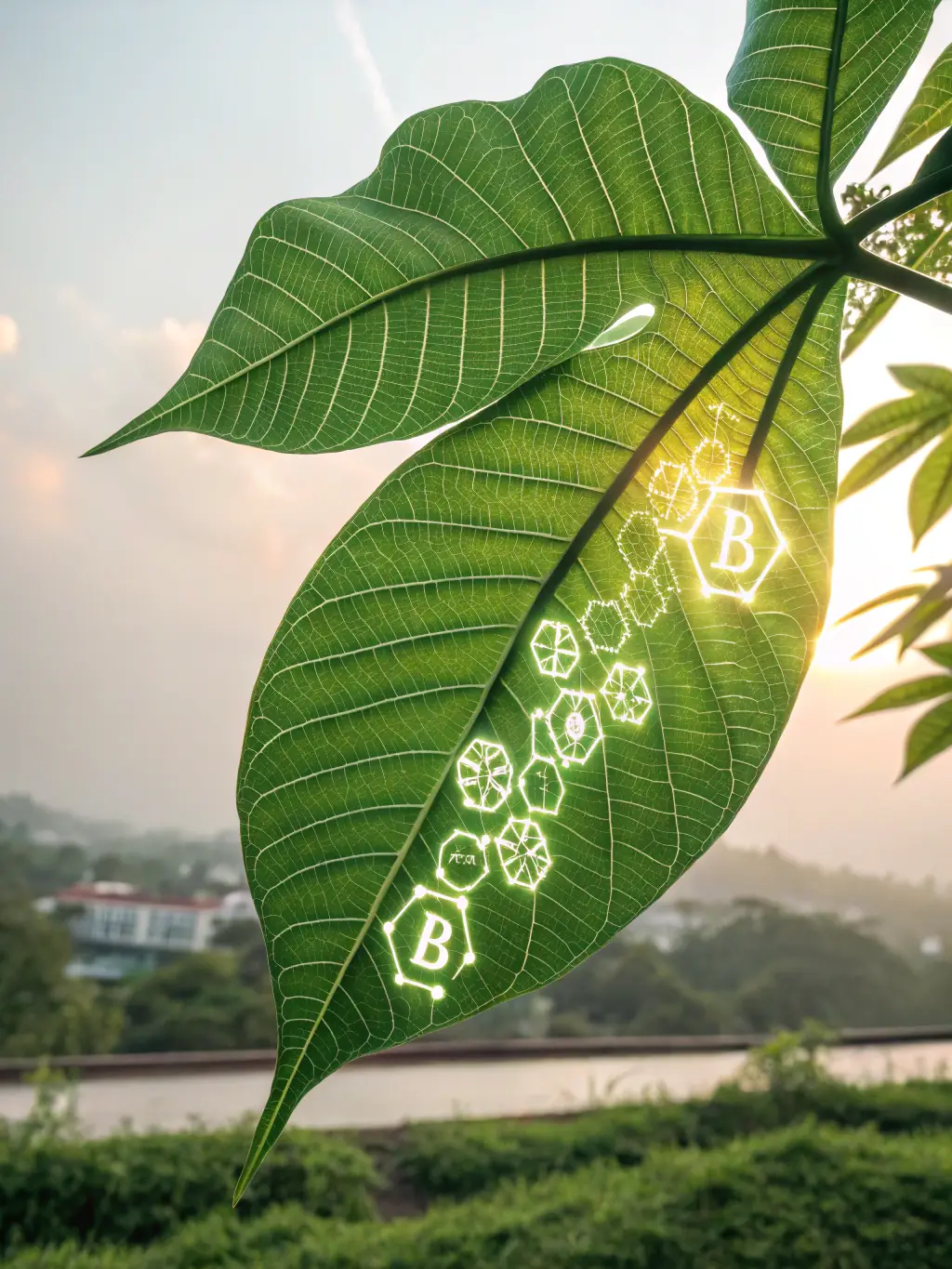 A green leaf intertwined with a digital circuit board, representing sustainable practices enabled by digital transformation in real estate.