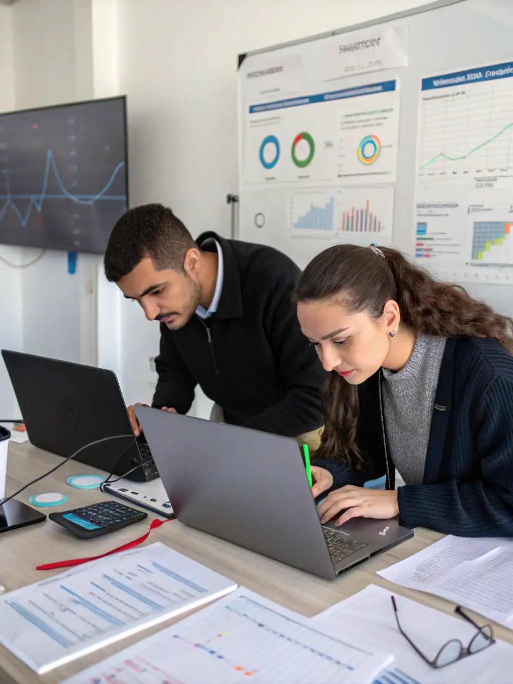 A professional photograph depicting data scientists meticulously cleaning and preparing a large dataset on multiple computer screens in a modern, well-lit office environment, emphasizing the initial stage of data collection and preparation.