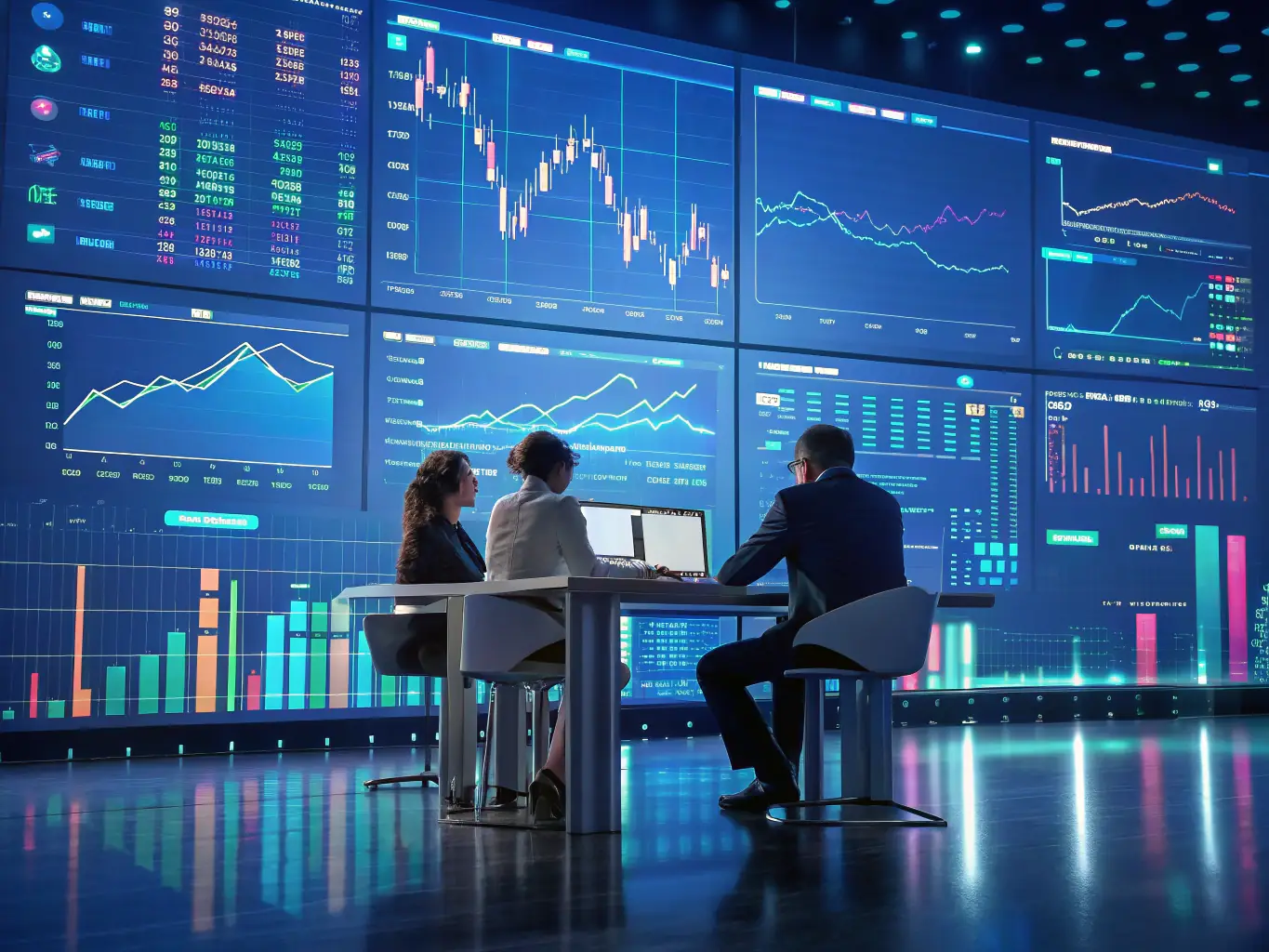 An image of a diverse team of financial analysts collaborating on a digital dashboard, representing the agility and adaptability HIERO DIGITAL brings to financial institutions.