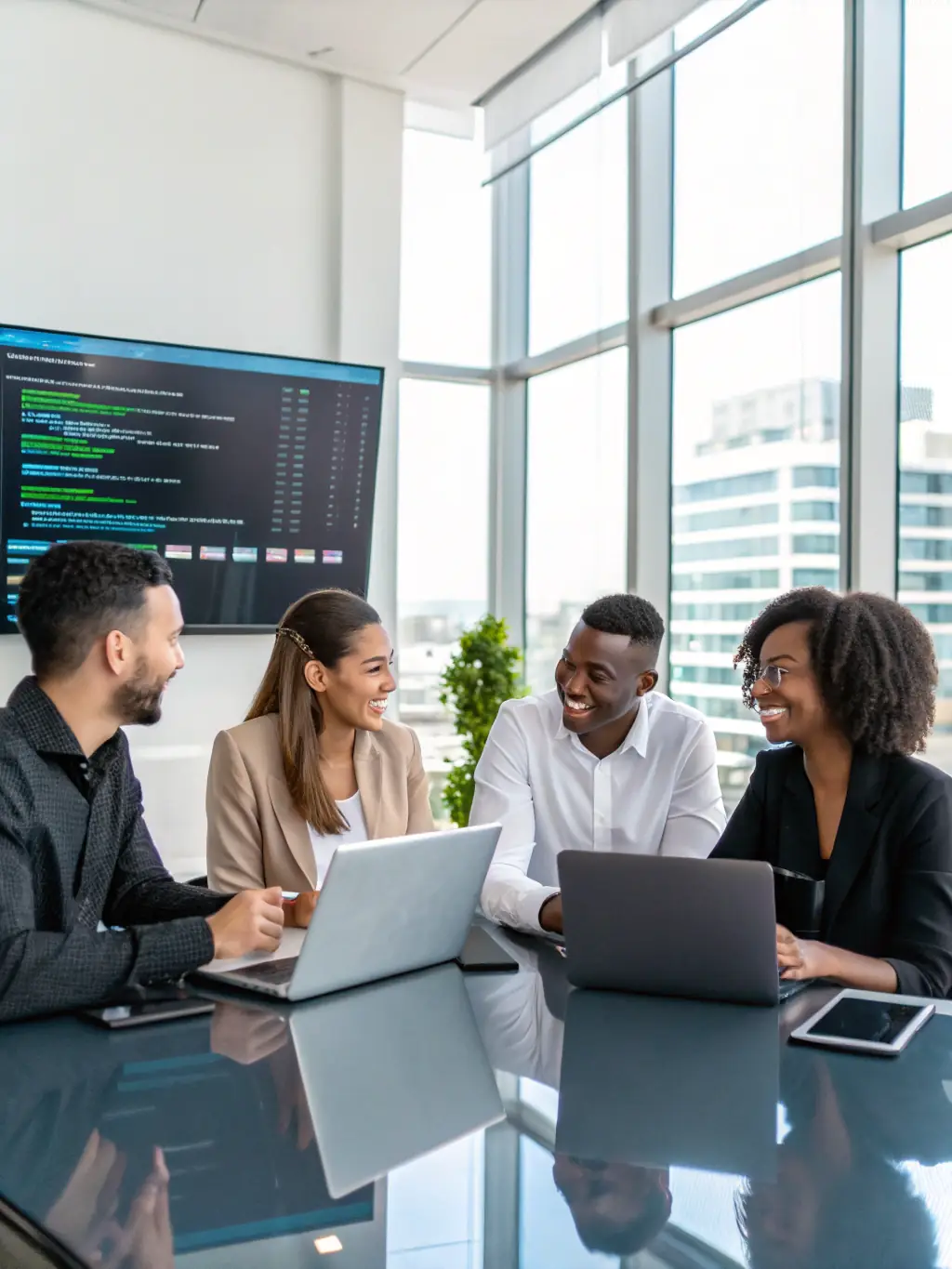 A diverse team of experts collaborating on a financial project, emphasizing the importance of customized training programs for financial institutions.