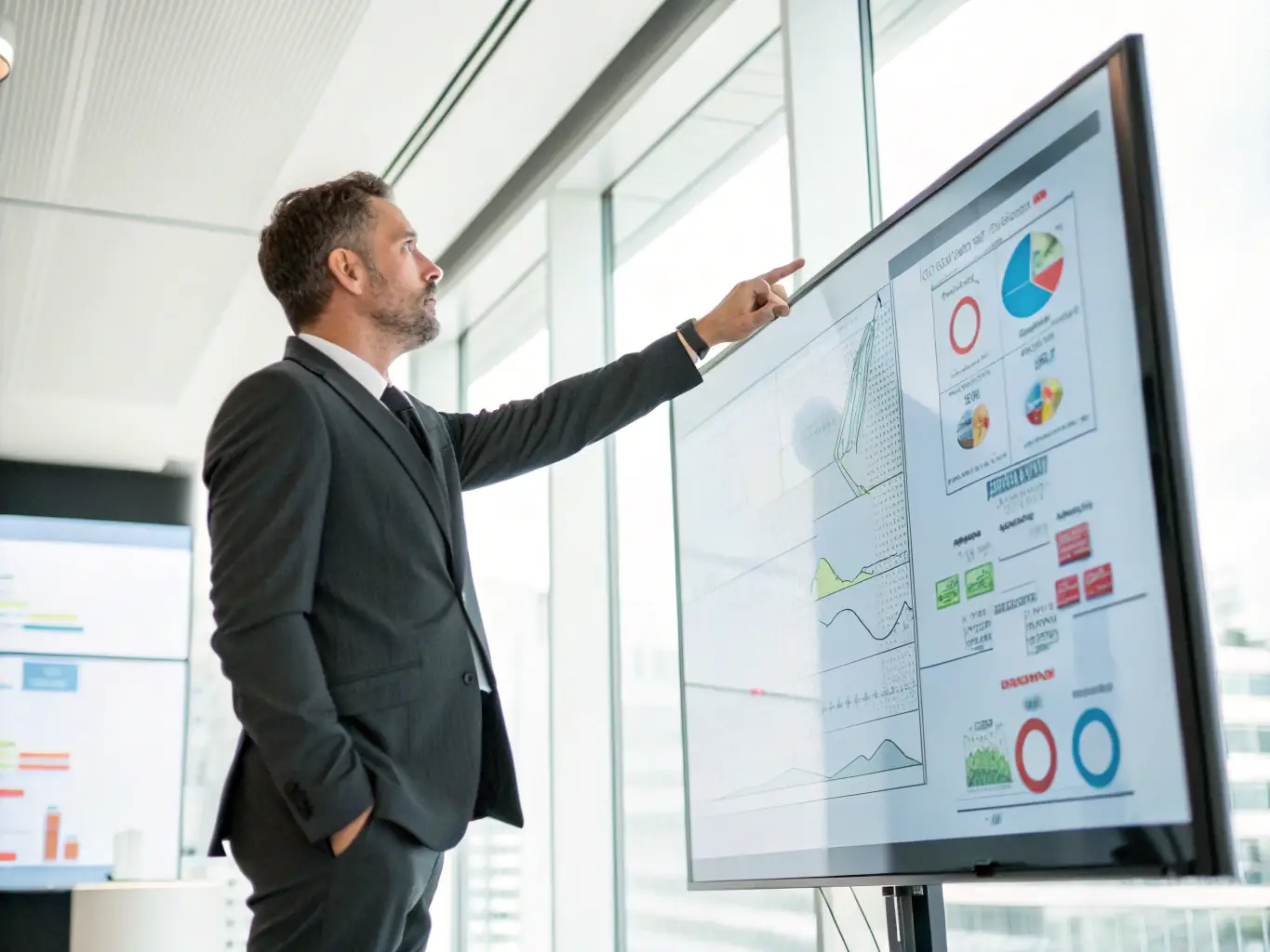 A professional in a suit is analyzing data on a holographic display, showcasing the strategic decision-making benefits of AI consulting for HIERO DIGITAL's clients.