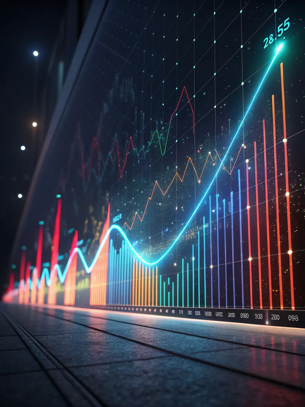 A digital illustration depicting a sales chart with an upward trend, overlaid with AI neural network patterns, symbolizing predictive sales analysis for HIERO DIGITAL.