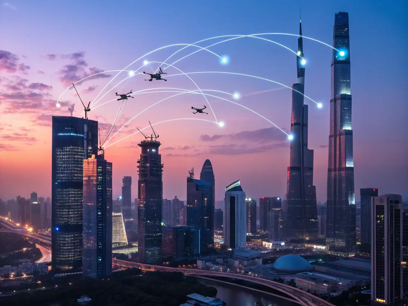 A high-resolution image depicting a futuristic cityscape with interconnected nodes representing AI networks, symbolizing the integration of AI into urban infrastructure and digital transformation.