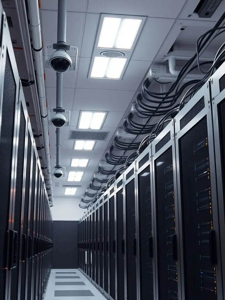 A high-resolution image depicting a secure data center with glowing server racks, symbolizing robust cybersecurity infrastructure for logistics data protection.