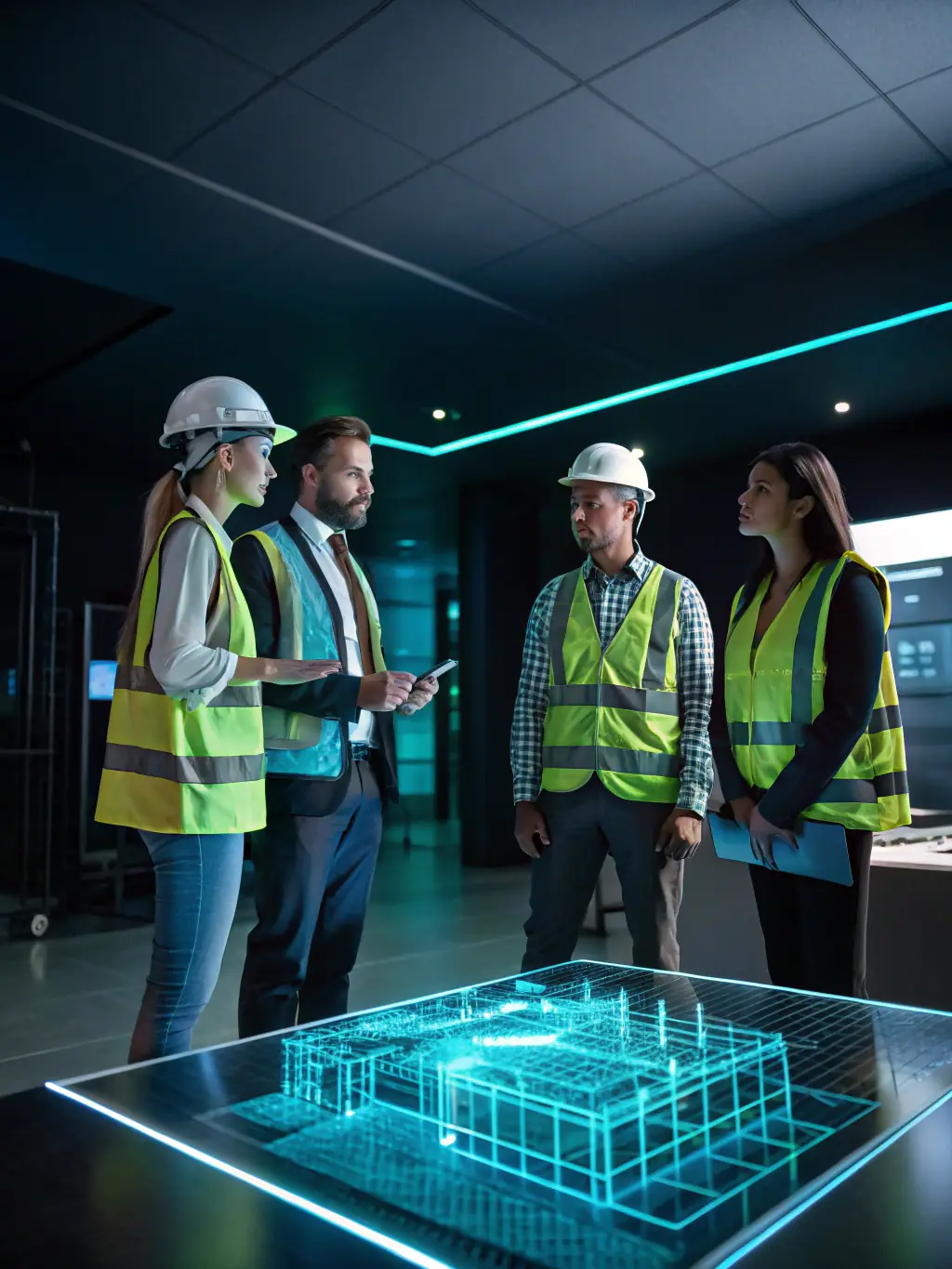 A group of professionals collaborating around a holographic display of a building's digital twin, showcasing improved collaboration and decision-making.