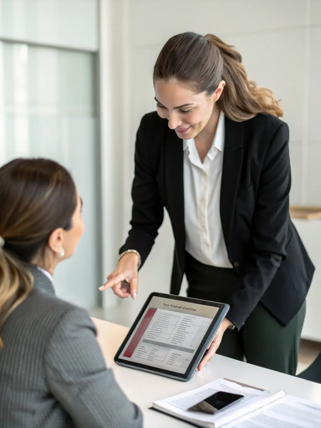 A consultant in a modern office setting, reviewing AI maturity assessment reports with a client, highlighting key areas for improvement in their digital infrastructure.