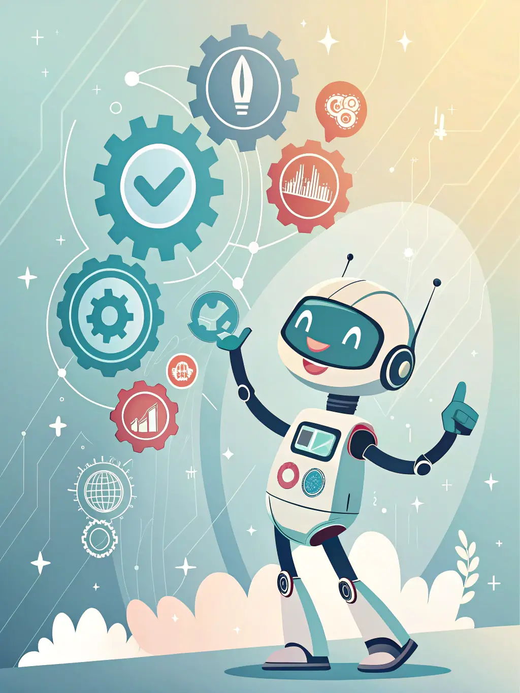 A graphic showing a computer screen displaying a chatbot interface, with code snippets and natural language processing symbols in the background, representing automated language processing.