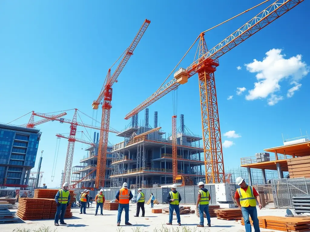 A high-angle, wide shot of a construction site at dusk, with visible digital overlays representing data streams and secure connections, symbolizing the integration of cybersecurity in modern construction.