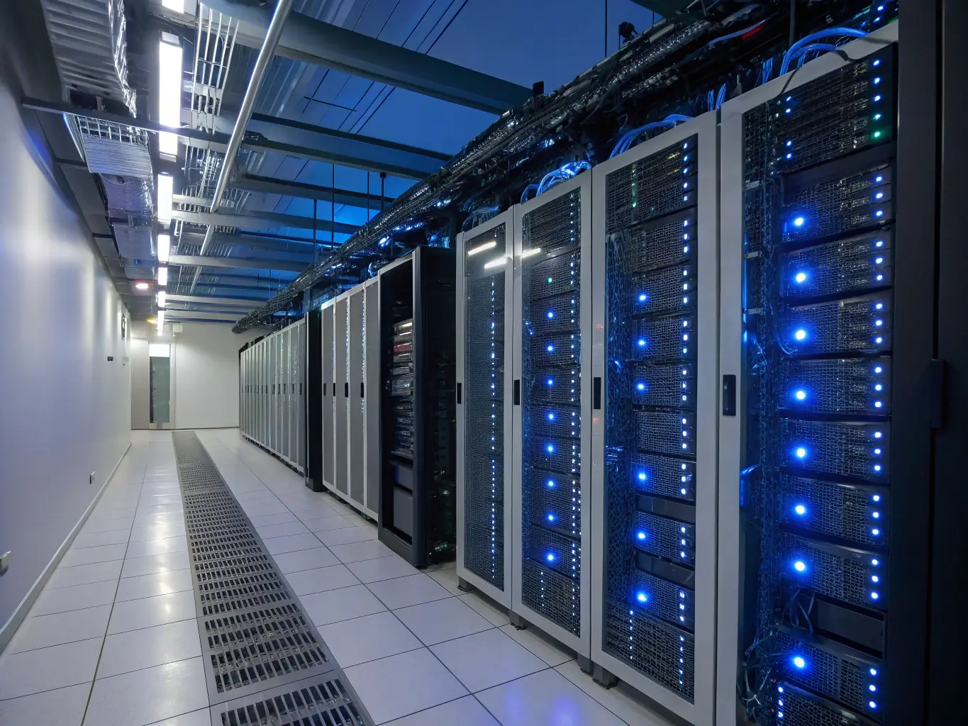 A professional photograph of a modern data center with glowing servers, symbolizing the robust cybersecurity solutions offered by HIERO DIGITAL to protect financial data.