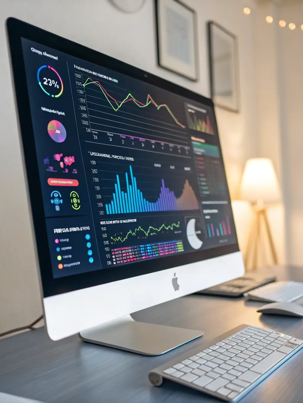 A digital illustration depicting an AI agent as a helpful assistant, interacting with a user interface filled with data analytics and project management tools, symbolizing efficient task management.