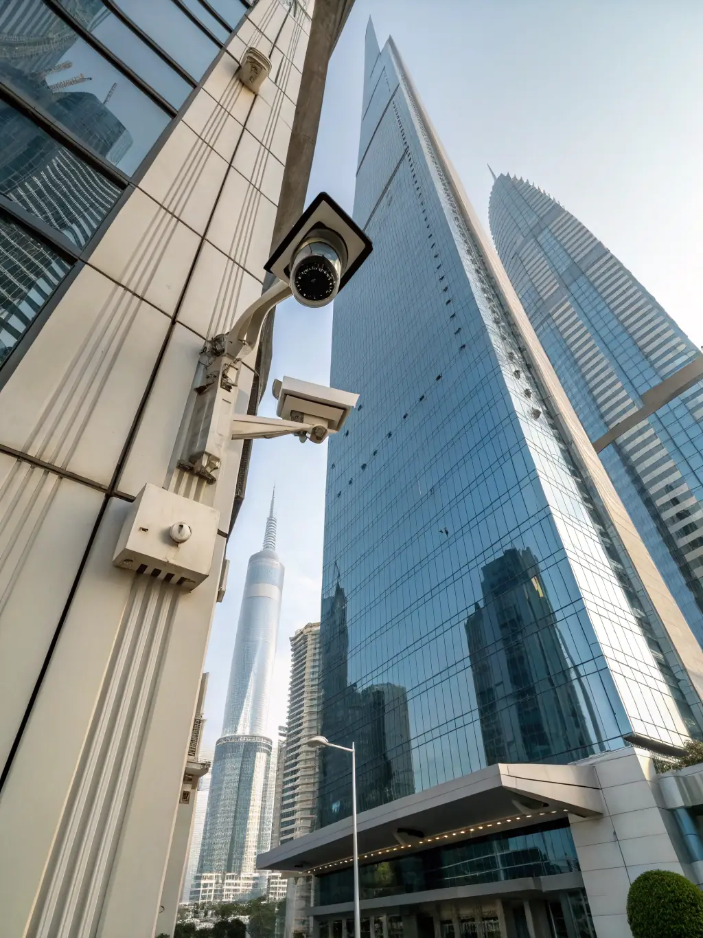 A modern smart building exterior at dusk, showcasing advanced architectural design and integrated technology, emphasizing security and connectivity.