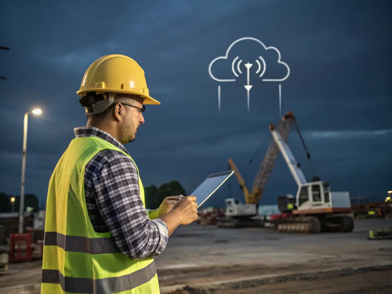 A construction worker using a tablet on-site, with a digital twin of the building visible on the screen, representing the use of digital transformation tools in construction management.