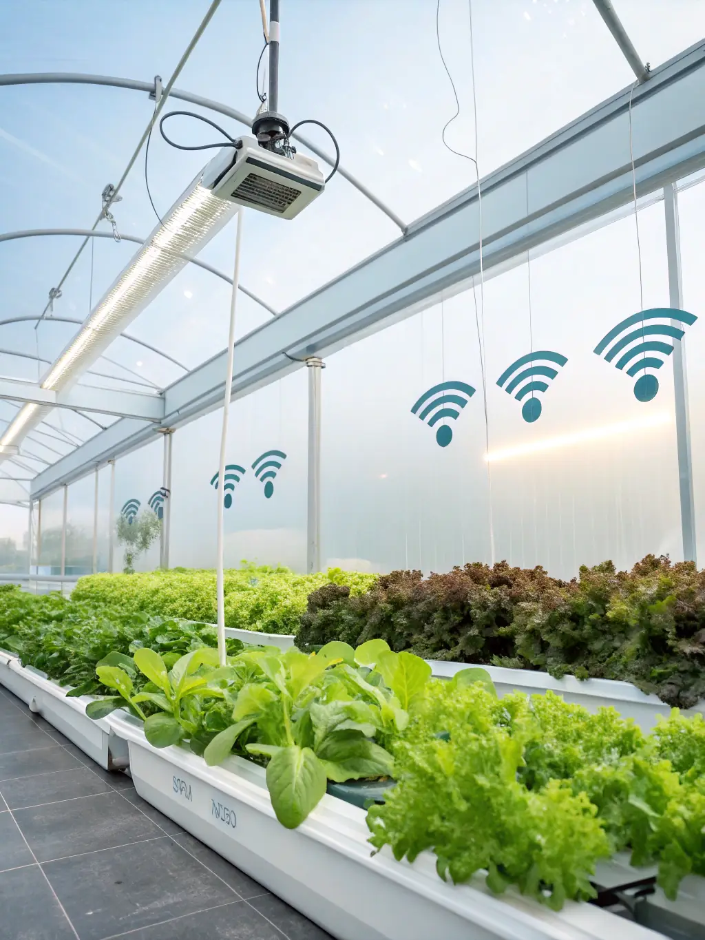 A modern agricultural facility showcasing automated processes and data-driven decision-making, with robots and sensors working in harmony, representing the future of agriculture.