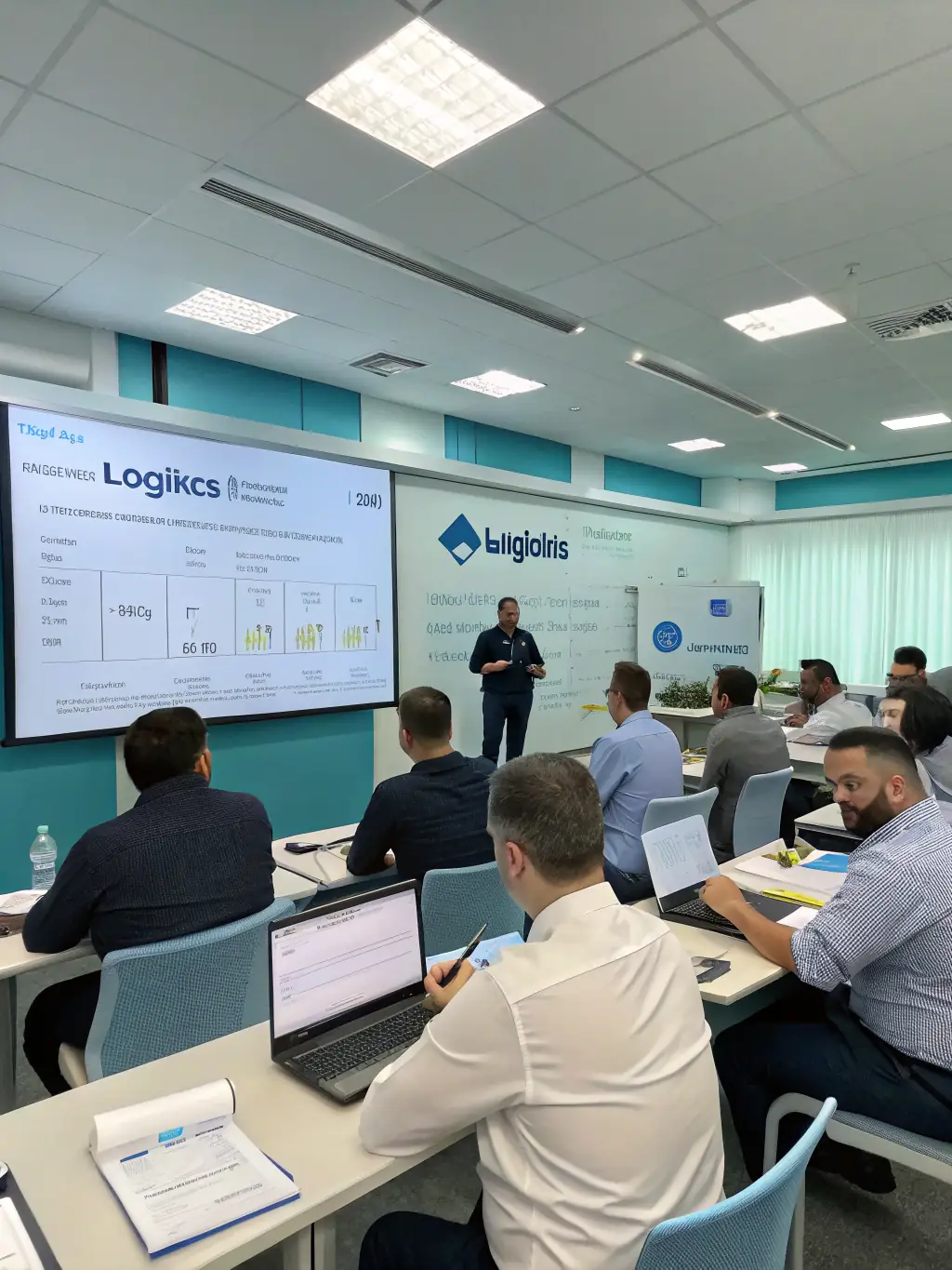 An image of a training session with logistics professionals learning about digital transformation tools, emphasizing the importance of skilled personnel.