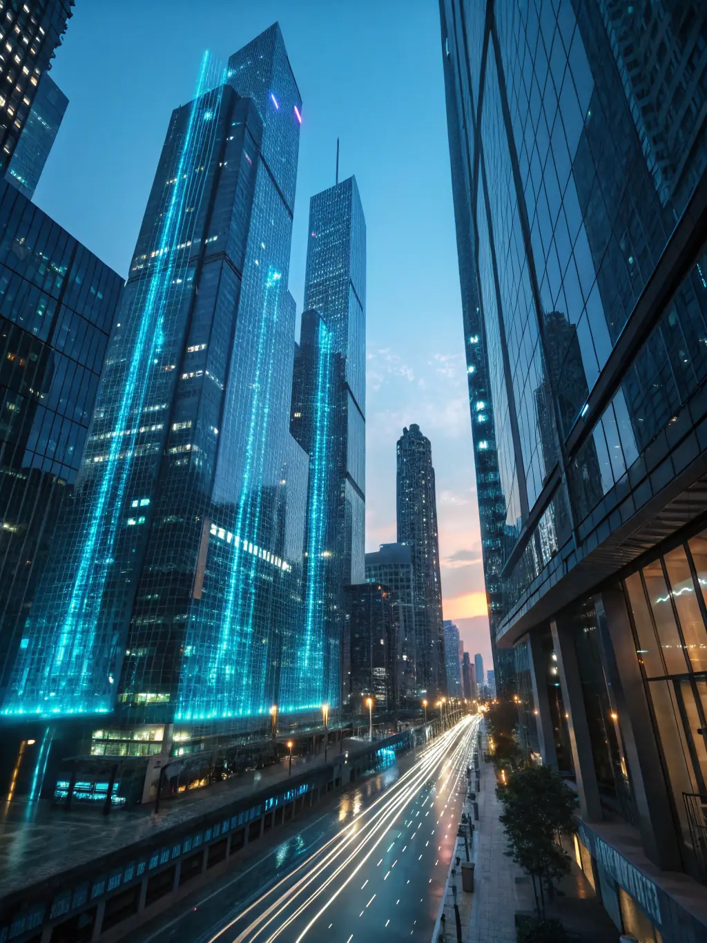 A futuristic cityscape with interconnected data streams, symbolizing the potential of AI-driven digital transformation.