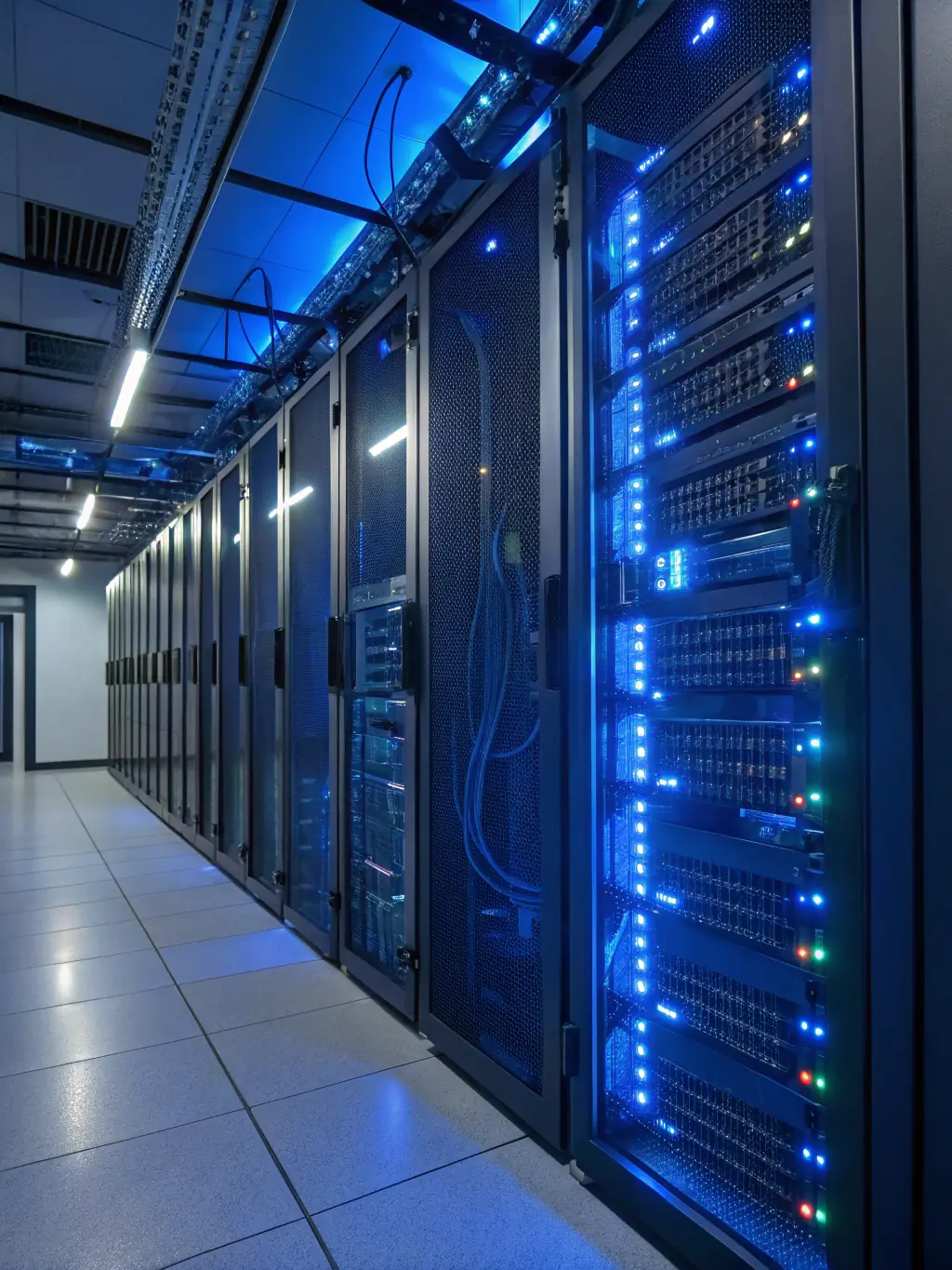 An image showing a secure data center with agricultural data being processed, emphasizing cybersecurity measures protecting sensitive information, with server racks and security personnel visible.