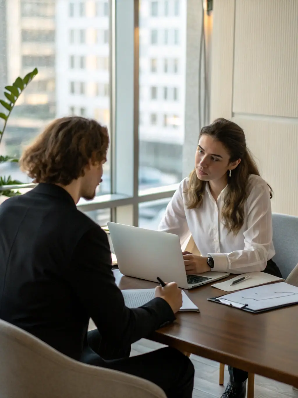 A consultant in a suit is interviewing a company employee in a modern office setting, focusing on understanding current processes and digital tools.
