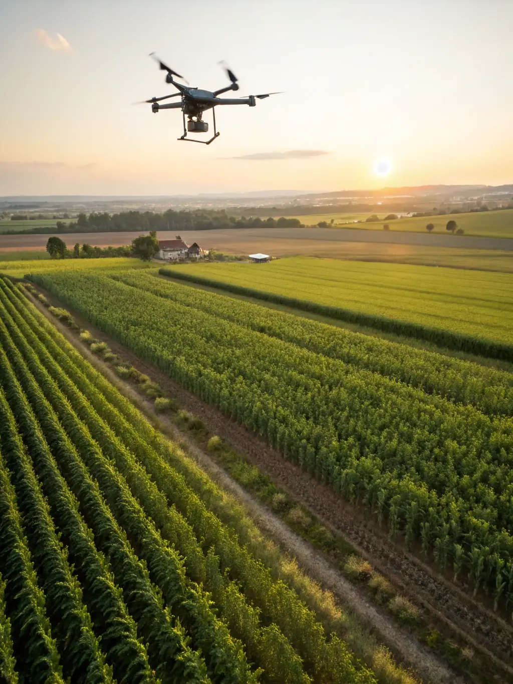 A visually appealing image of a drone surveying a farm, highlighting data collection and analysis for sustainable farming practices, with lush green fields and clear skies in the background.