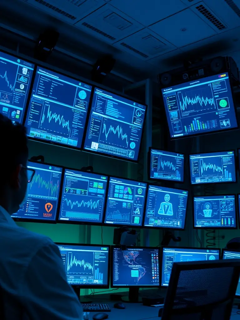 A high-resolution image depicting a secure network operations center with analysts monitoring threat feeds and responding to cyber incidents, emphasizing HIERO DIGITAL's cybersecurity capabilities for the defense sector.