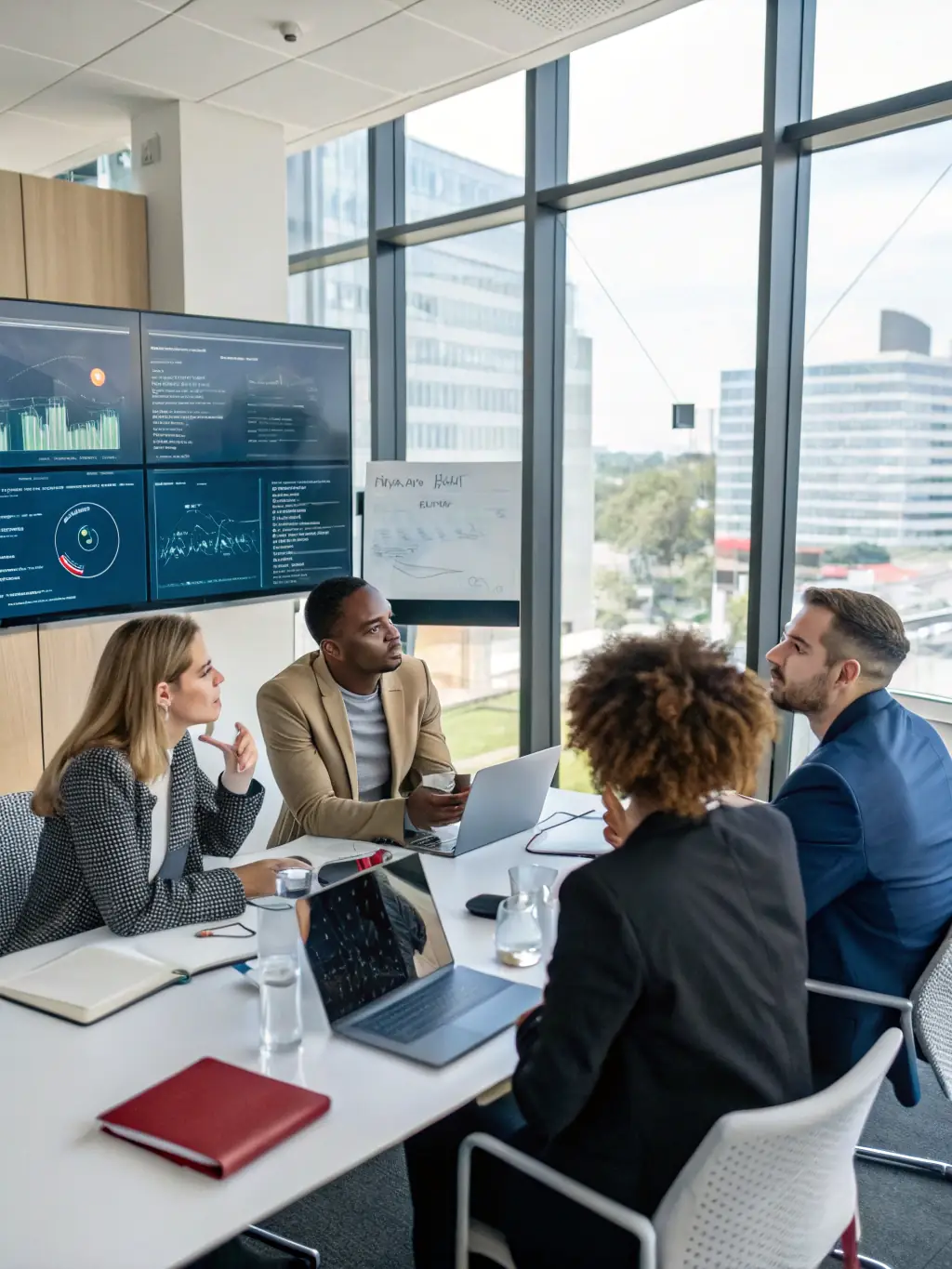 A diverse team of AI specialists collaborating around a table, deeply engaged in a model training session, surrounded by monitors displaying complex data visualizations and code.