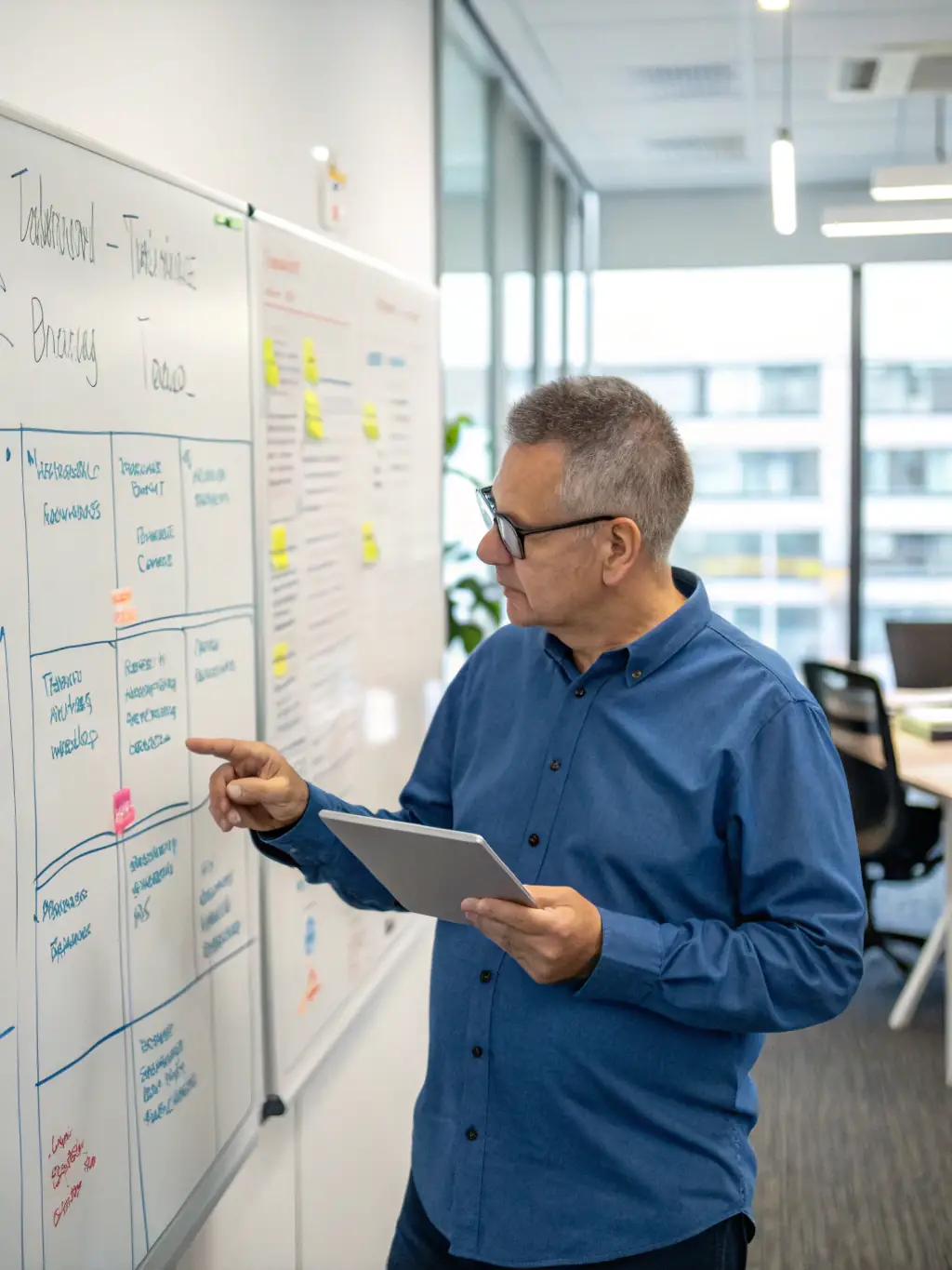 A project manager leading a scoping session, using a whiteboard to outline project requirements and define the scope of an AI initiative.