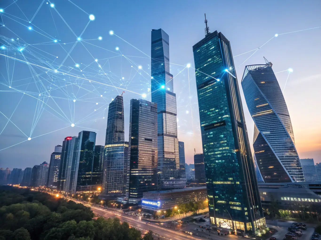 A futuristic cityscape with holographic projections of building designs and AI-driven traffic management, illustrating the application of AI in urban planning and infrastructure development.