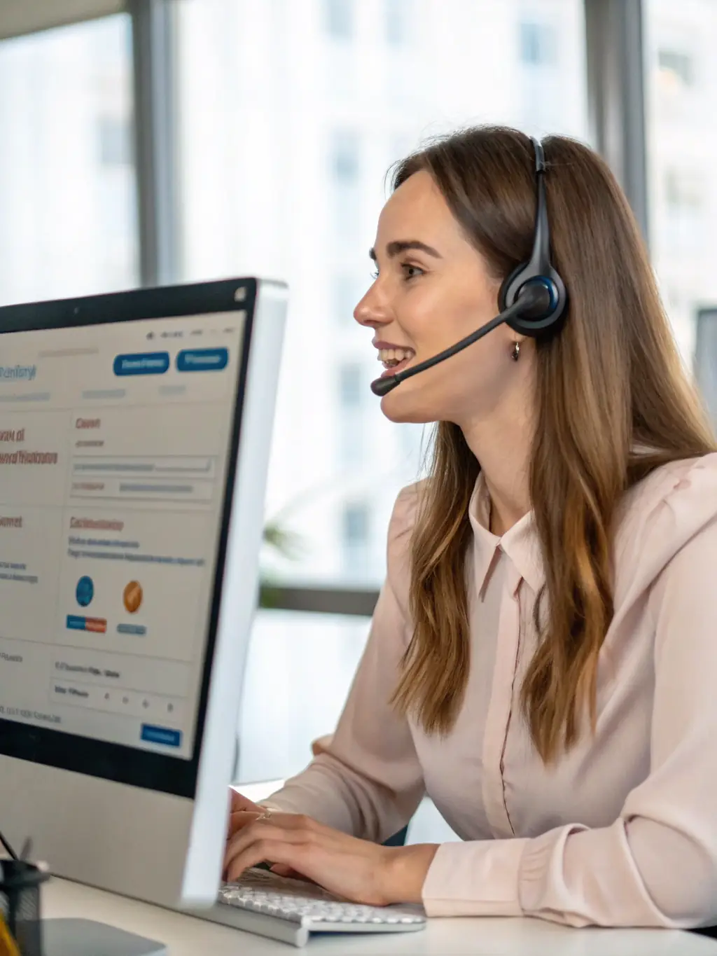 A professional photograph of an AI customer support agent interacting with a customer via a digital interface, showcasing seamless communication and problem-solving.