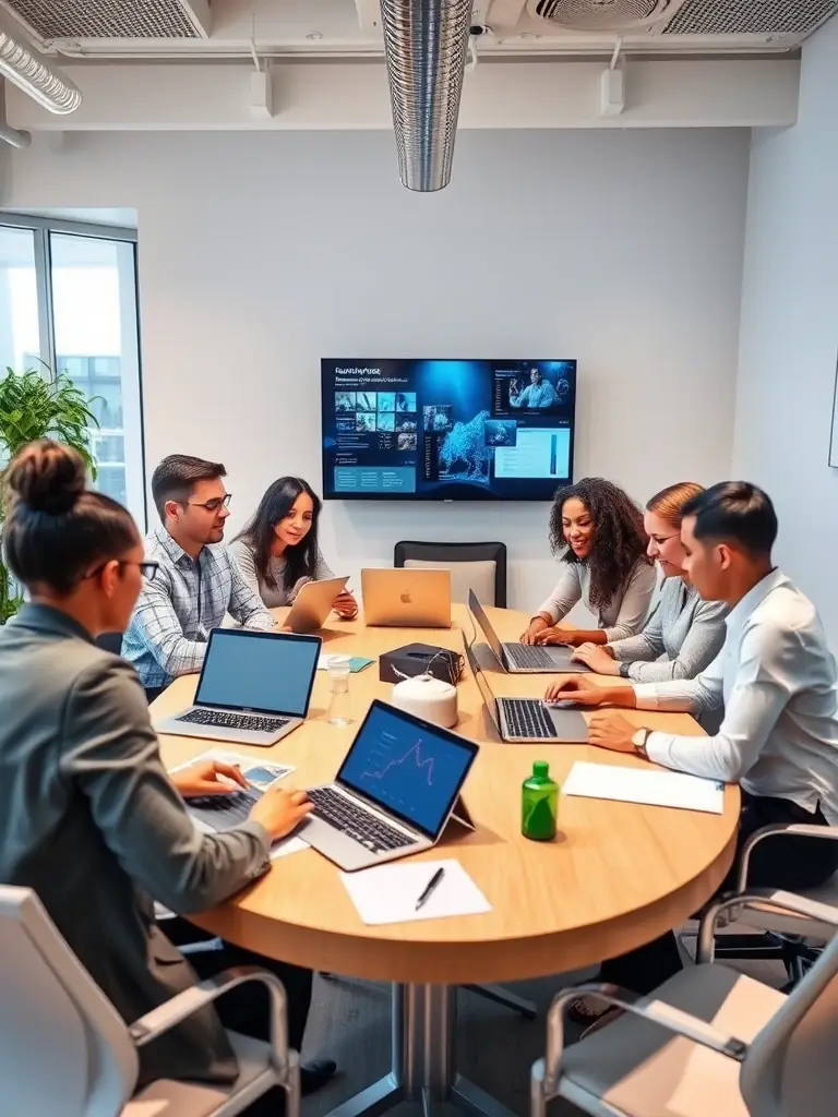 A diverse team of professionals collaborating on a digital transformation project, showcasing expertise in cybersecurity, AI, and digital solutions.