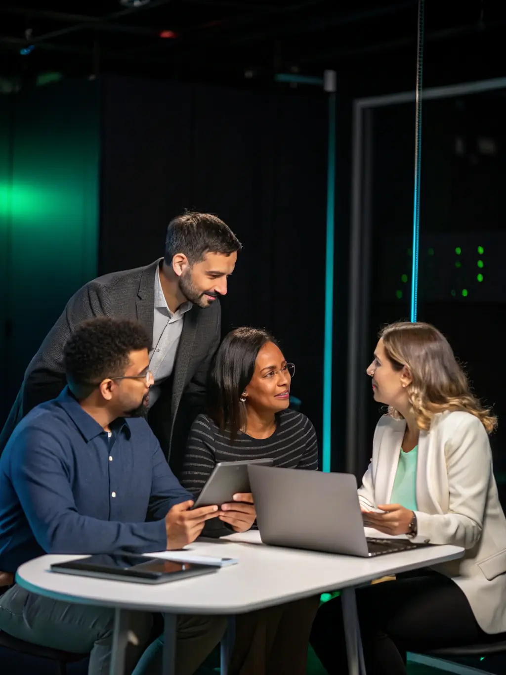 A team collaborating on a strategic roadmap, using digital tools to visualize the AI implementation plan and its alignment with business goals.