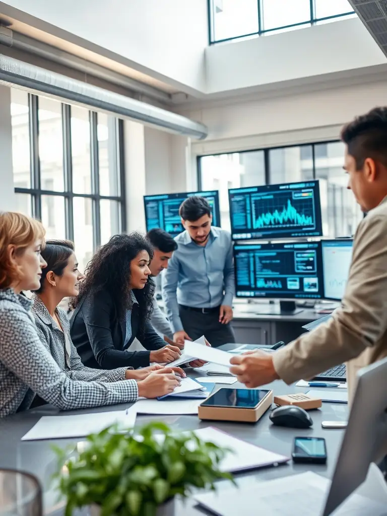 A professional team is conducting an AI maturity audit, analyzing data on laptops and tablets in a modern office setting, emphasizing a thorough and tech-savvy approach.