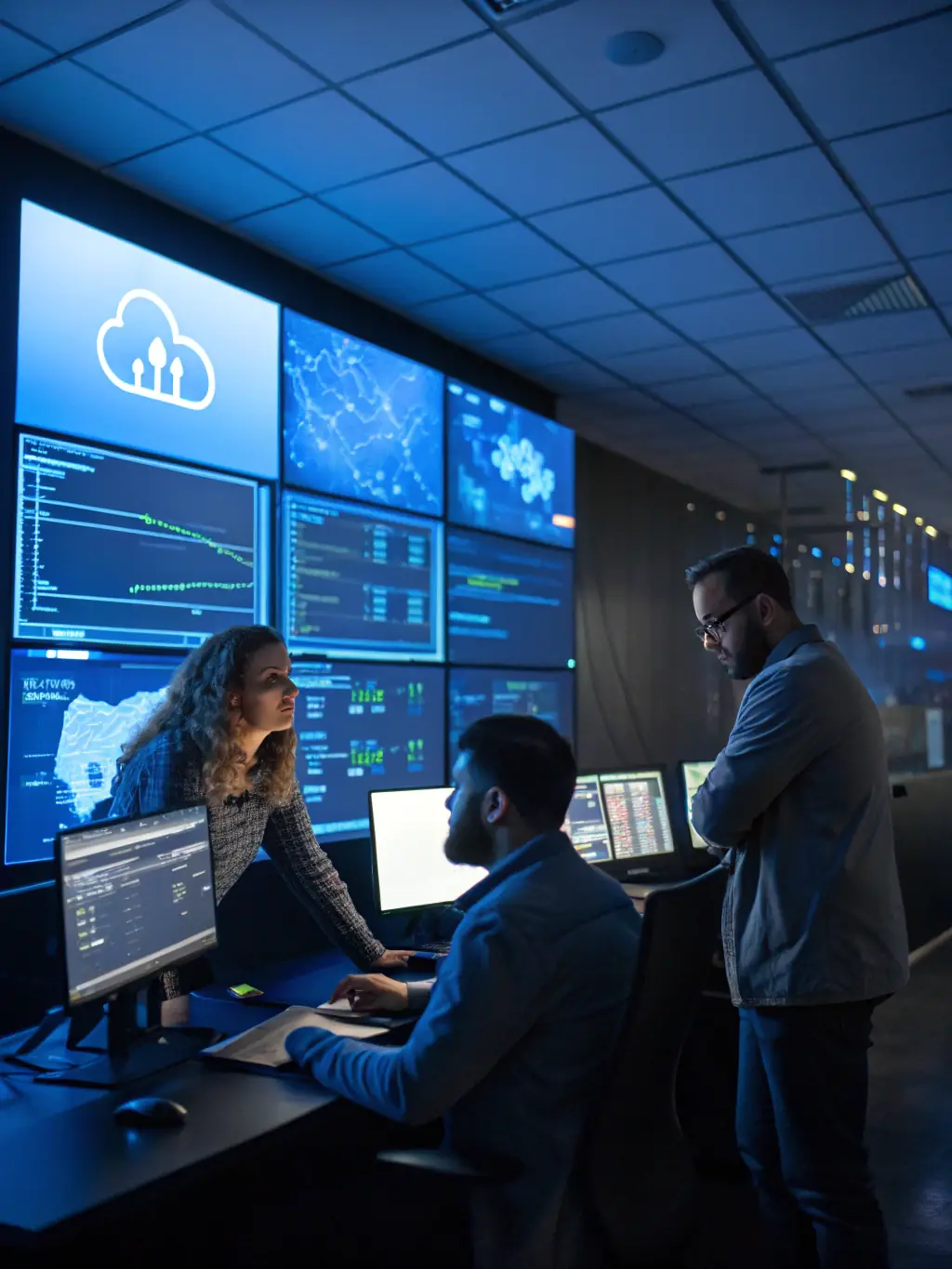 A diverse team of IT professionals is evaluating the technological infrastructure of a company, focusing on servers, cloud solutions, and network security.