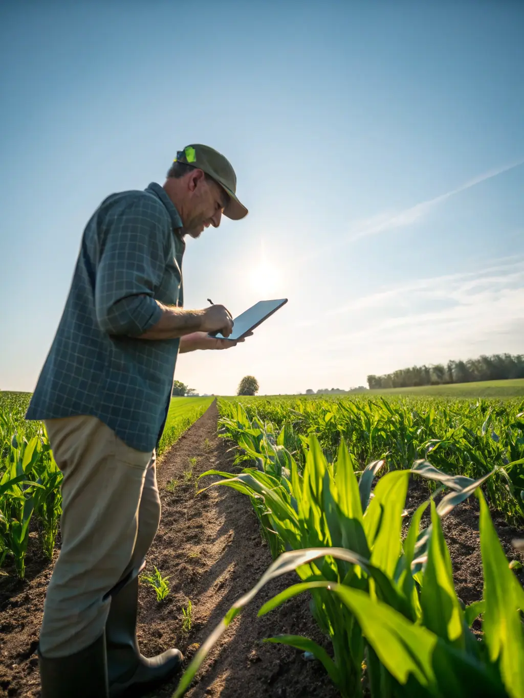 A high-resolution image depicting a farmer using a tablet in a field, showcasing precision agriculture techniques with healthy crops in the background, symbolizing increased efficiency through digital tools.
