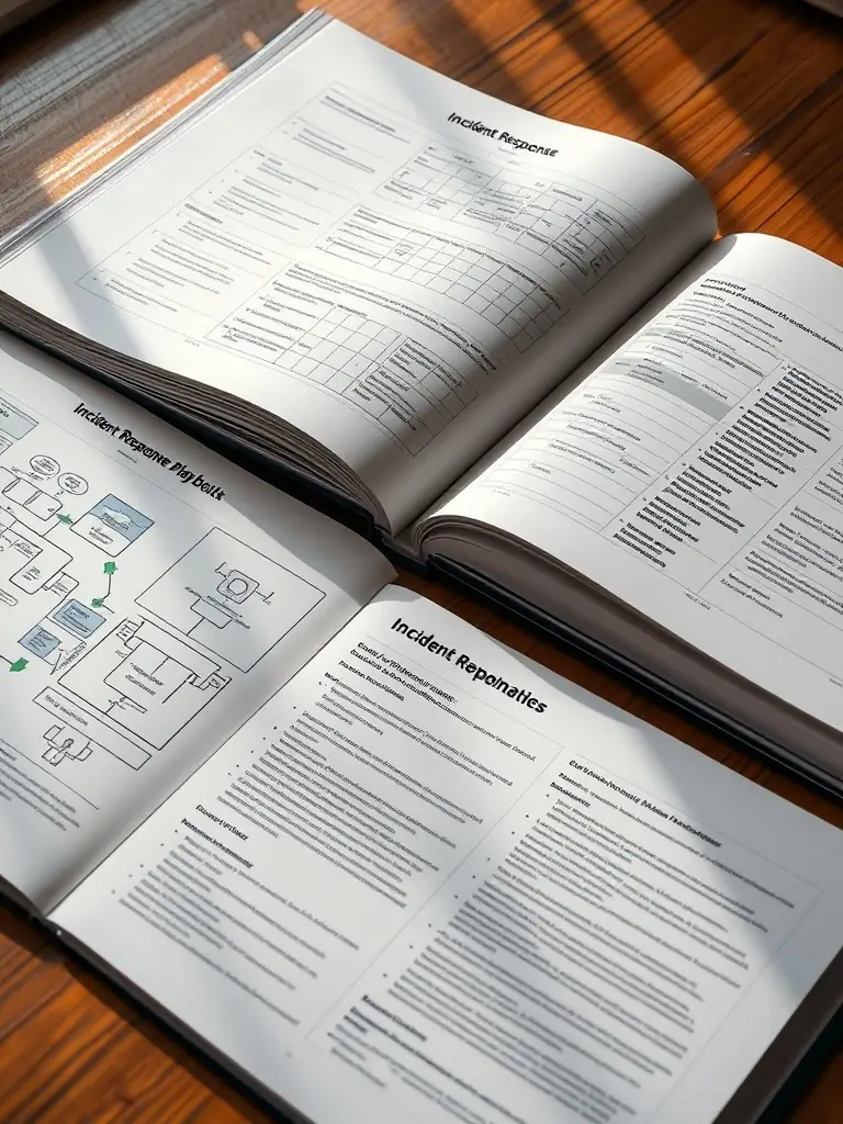 A focused close-up shot of a detailed incident response playbook, highlighting key steps and decision points with clear, concise language and visual cues.