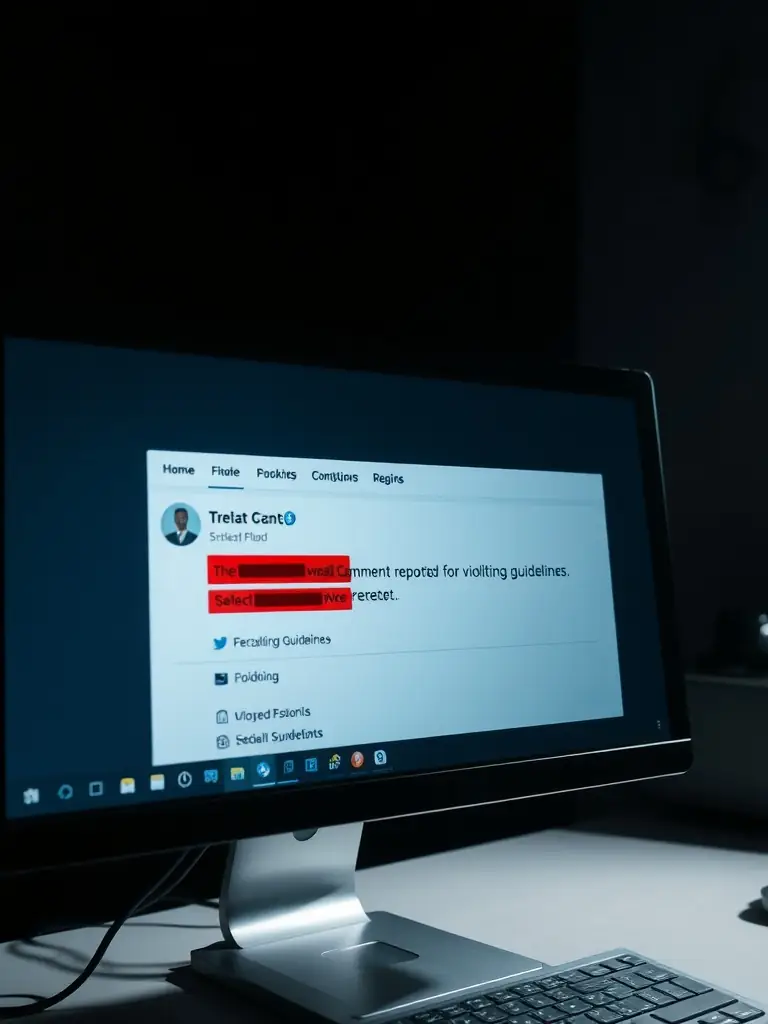A screenshot of a social media platform with a highlighted comment that is being reported for violating community guidelines, demonstrating the reporting process.
