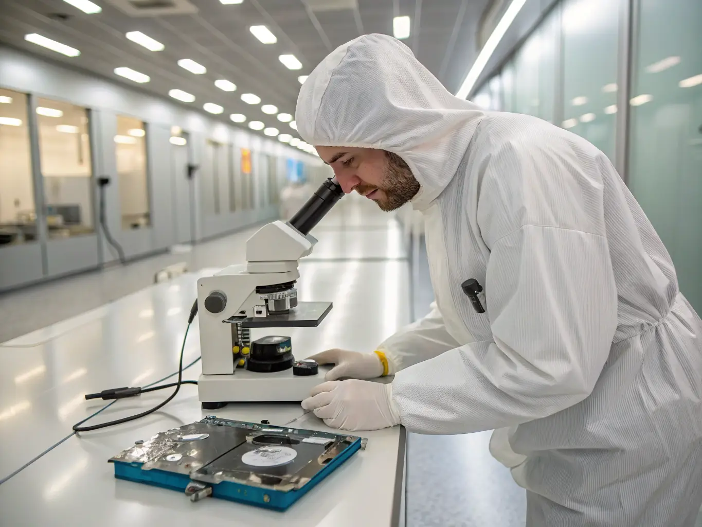 A close-up image of a computer hard drive being examined with forensic tools, showcasing the meticulous process of disk analysis.