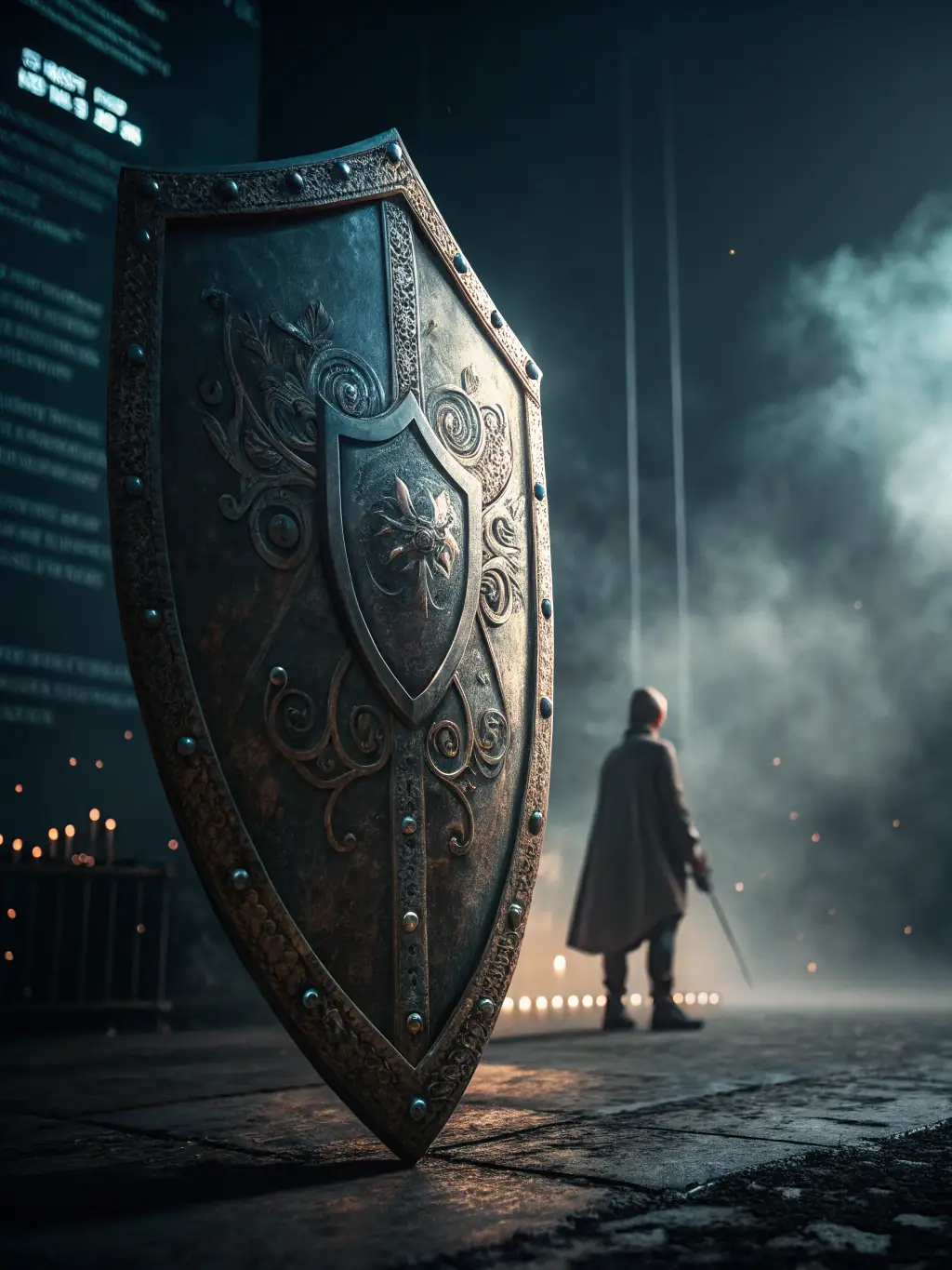 An image showing a digital shield protecting a network from cyber attacks during a crisis, with visual representations of data streams and security protocols.