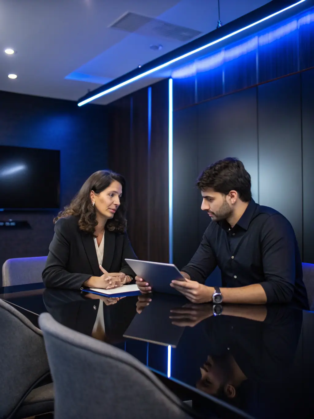 A professional photograph of a communications expert advising a company executive during a simulated crisis, emphasizing clear and timely messaging.