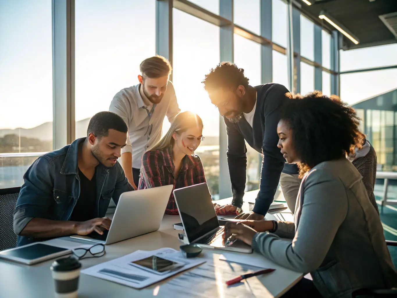 A team of cybersecurity experts collaborating in a modern office, symbolizing the rigorous investigation process employed by HIERO DIGITAL.