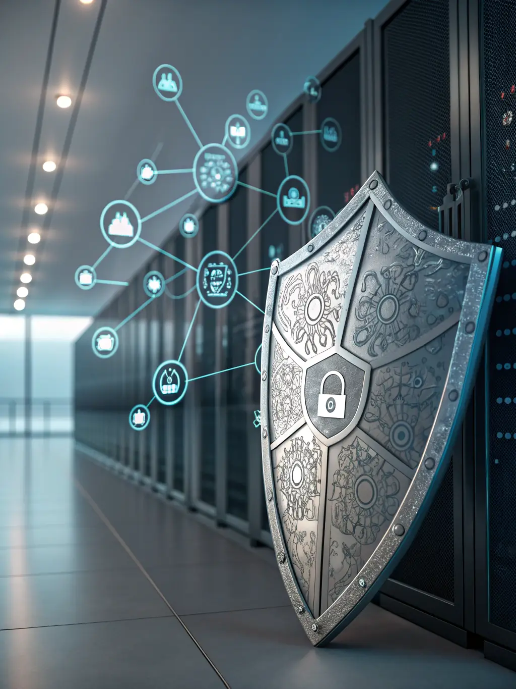 A digital illustration representing a layered security architecture, emphasizing proactive measures and continuous monitoring to prevent incidents.