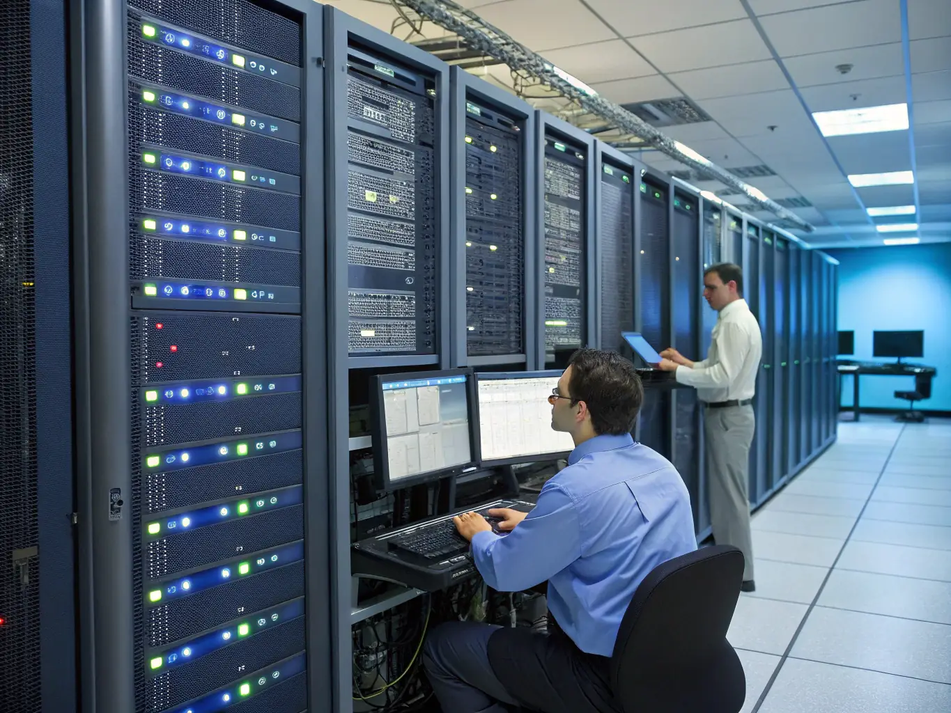 A digital illustration depicting a secure server room with analysts working diligently at their computers, highlighting the containment phase of incident response.