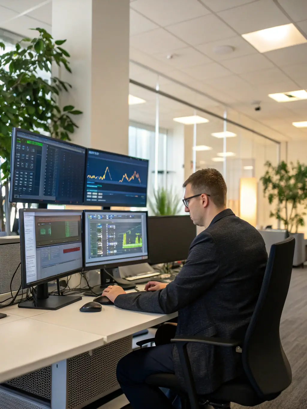 A focused image depicting a SOCMINT analyst working at a computer, surrounded by multiple screens displaying social media feeds and data visualizations, in a secure operations center.