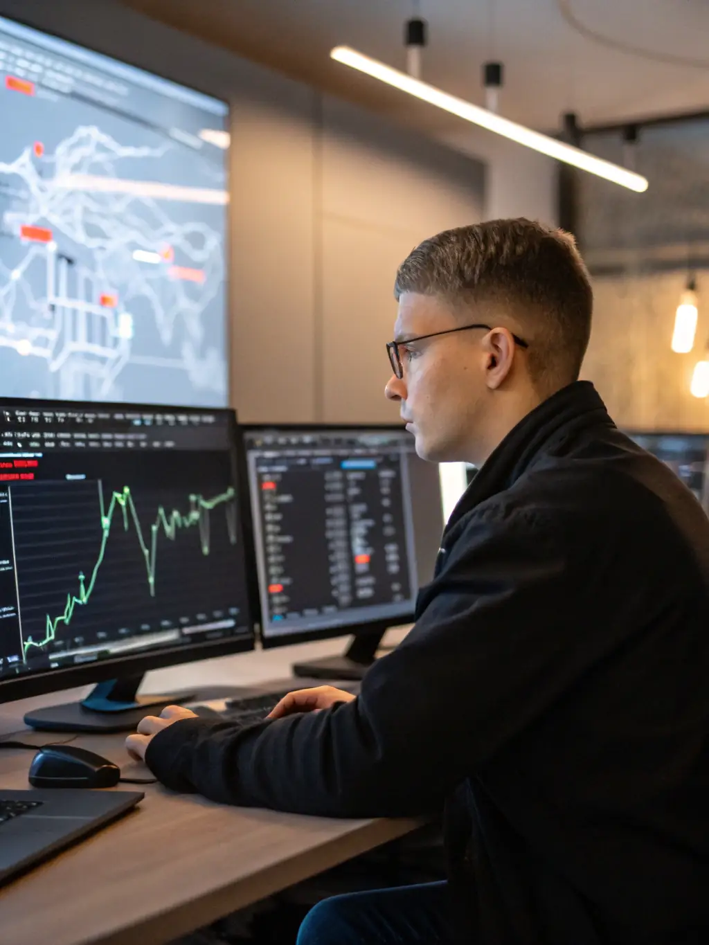 A detailed close-up shot of a cybersecurity analyst meticulously examining malware code on a computer screen, highlighting the initial step of malware analysis in the post-ransomware management process.