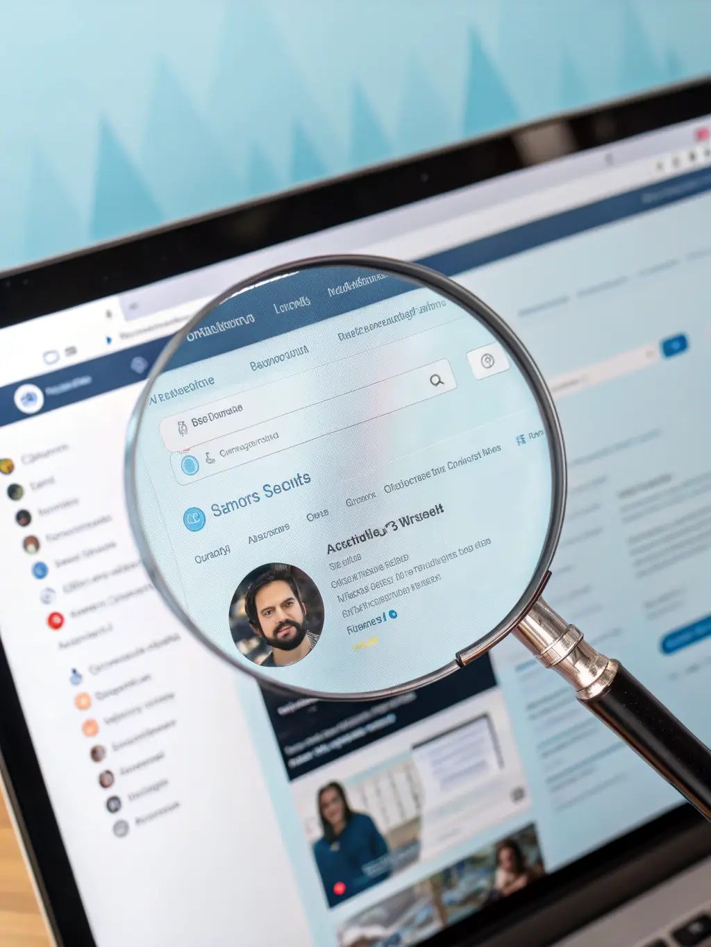 A stylized image of a detective's magnifying glass over a social media profile, symbolizing the investigation of suspicious accounts and activities.