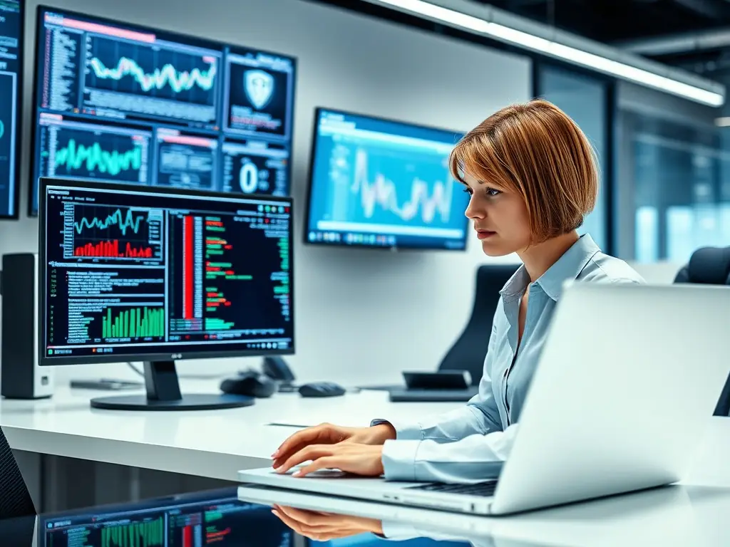 A focused cybersecurity analyst meticulously examining network traffic data on a computer screen, highlighting the targeted analysis aspect of HIERO DIGITAL's services.