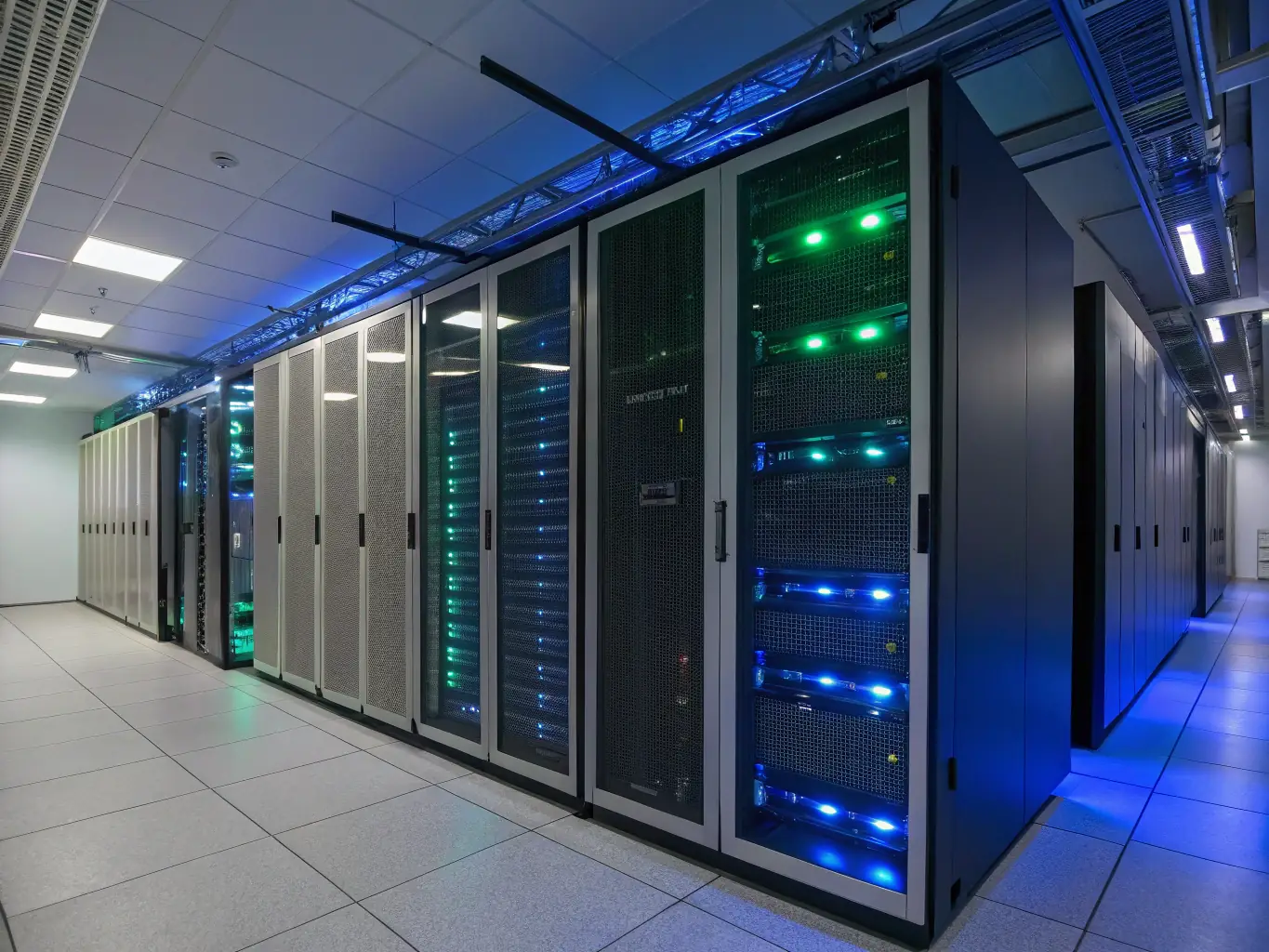 A secure data center with servers and blinking lights, symbolizing the robust data protection and security measures implemented by Hiero Digital.