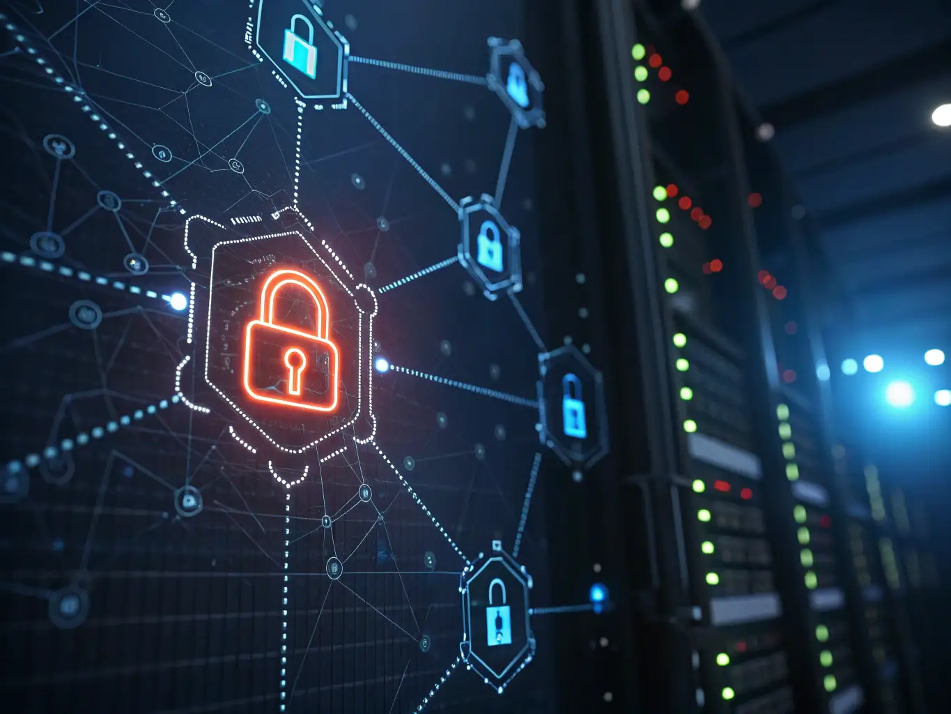 A high-angle, wide shot of a digital interface displaying a complex network of data streams and security protocols, symbolizing the interconnectedness of digital defense systems. The interface should have a futuristic, high-tech aesthetic, with glowing lines and data points.